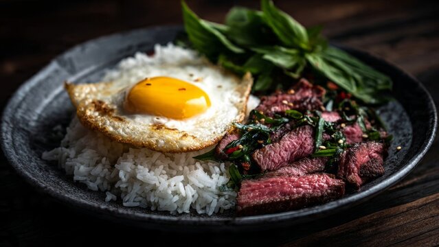 Gourmet fine dining experience thai pad krapow with wagyu beef and crispy fried egg luxurious food photography in rustic setting