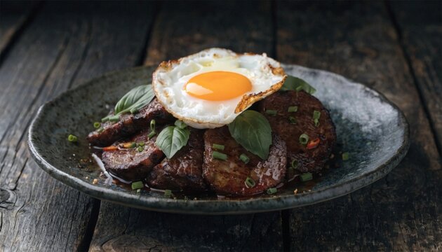 Gourmet fine dining experience thai pad krapow with wagyu beef and crispy fried egg luxurious food photography in rustic setting
