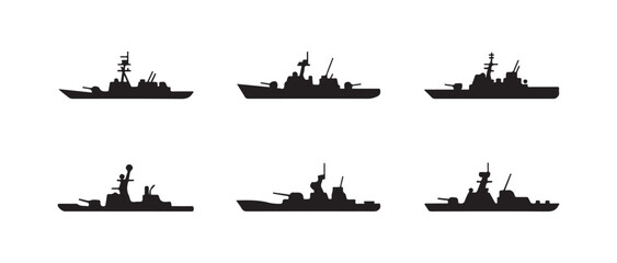 Modern warship and military vessel silhouette icons isolated on white background © MD ABDUL HAMID