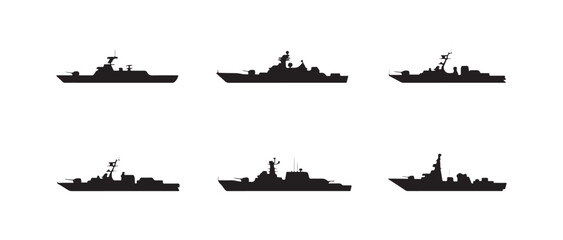 Set of modern naval warship silhouettes and military boat icons on white background © MD ABDUL HAMID