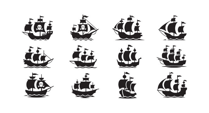 Collection of sailing ship silhouettes and pirate vessel icons on white background