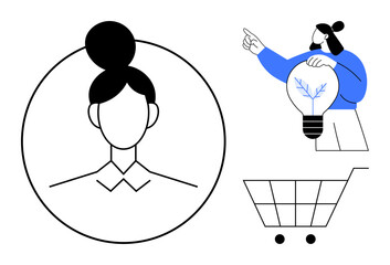 Creativity, online shopping, technological ideas, business innovation, renewable energy, user profiles. Minimalist profile portrait, lightbulb with tree branch and shopping cart elements. Creativity © robu_s