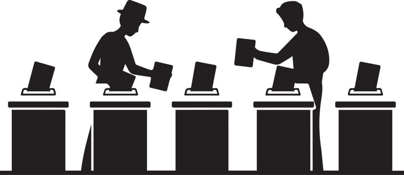 Black silhouette of people casting ballots at voting stations during a national election or community poll on white background arts