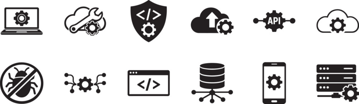 Software development icon set with coding, programming, debugging and technology symbols vector