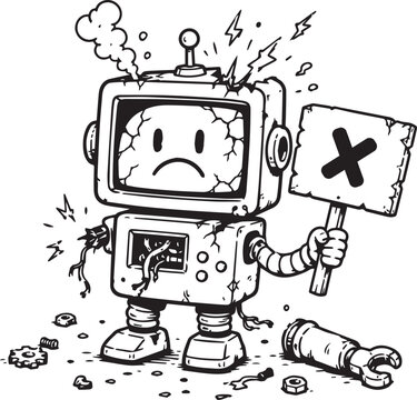 Broken robot, damaged machine, cracked screen, sad bot, vector illustration