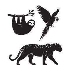 Fototapeta premium Vector silhouettes of a sloth, macaw parrot, and jaguar. Ideal for jungle-themed designs, wildlife conservation graphics, and tropical nature branding