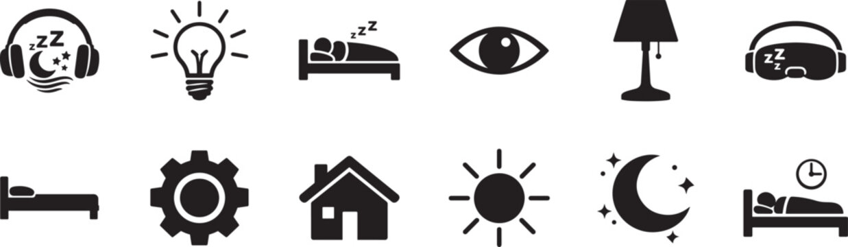 Sleep icon set with bedtime, dreaming, relaxation and night rest vector symbols collection