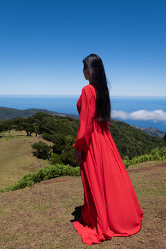 abstract portrait of woman in red dress watching over mountains and sea