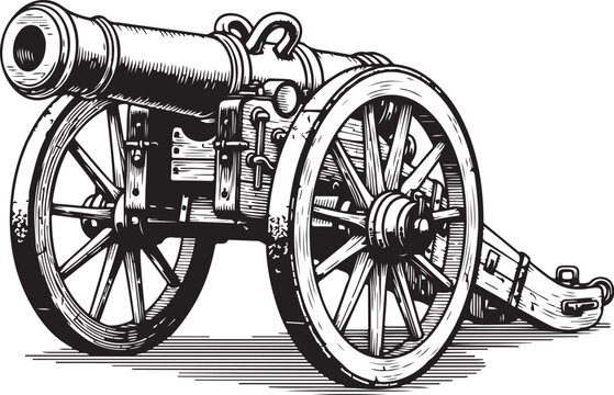 Vintage Iron Cannon Historical Artillery Weapon with Spoked Wheels Siege Warfare vector illustration