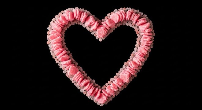 Pink mineral salt crystals meticulously arranged in a heart shape on a black background, creating a hollow frame for design and copy space, seasoning, texture, crystalline