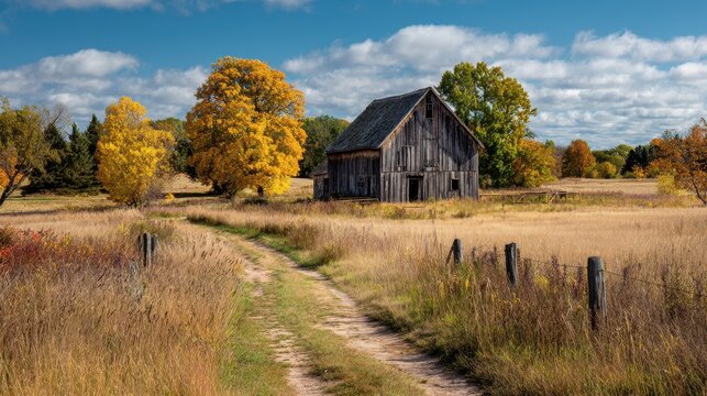 Old barn surrounded by colorful fall foliage in a bright rural landscape