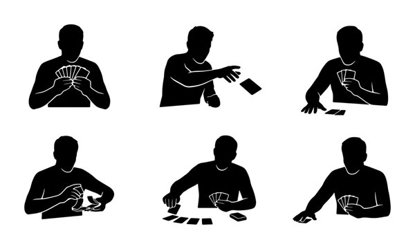 Card Game Silhouettes: Six Actions of Playing Cards, Gambling, and Leisure Activities, Vector Icons for Entertainment and Casino Concepts