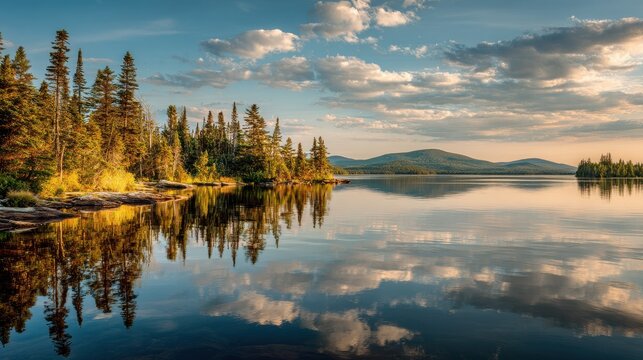 Panoramic view of Rangeley Lakes Region in central Maine: tranquil lake, pine forest, and distant mountains at golden hour