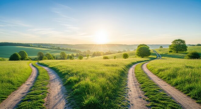 Two winding dirt paths gradually converge into a single wide road leading toward a bright horizon across a lush green morning landscape, unity, field, joining