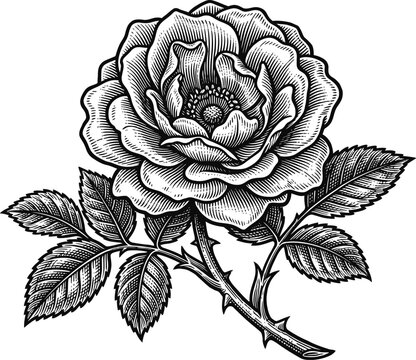 Vintage engraving of a blooming rose with thorns and leaves detailed botanical illustration
