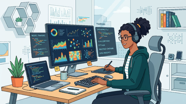 A dedicated female programmer working at her desk with multiple monitors displaying code and data analytics.