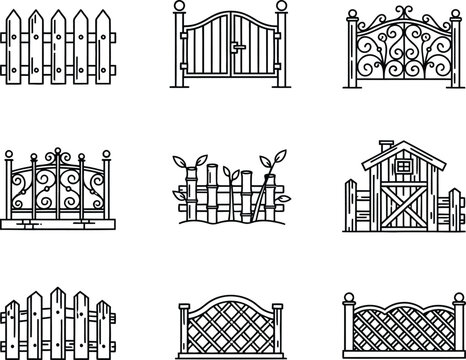 Collection of fence, gate, and small structure illustrations in black