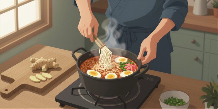 A woman in a blue apron lifts cooked ramen noodles from a steaming pot on a wooden countertop in a cozy kitchen setting.