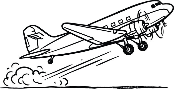 Vintage propeller airplane taking off black and white line art illustration