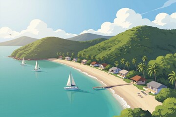 Naklejka premium A serene coastal landscape featuring sailboats on a turquoise sea near a sandy beach with small houses and palm trees under a bright blue sky.