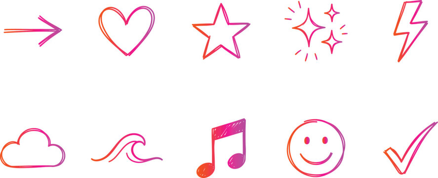 Hand drawn style icon set arrows hearts stars lightning clouds music and positive symbols