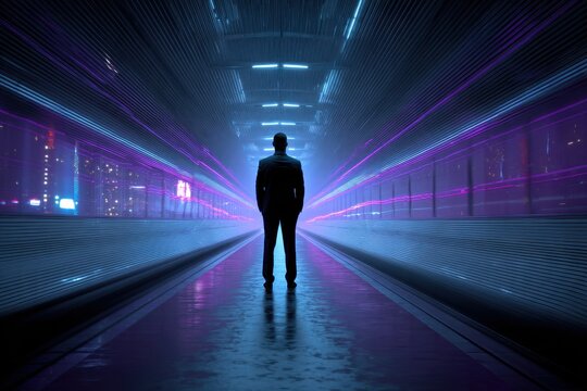 Rear view of a business executive before a glowing futuristic tunnel, symbolizing success and ambition