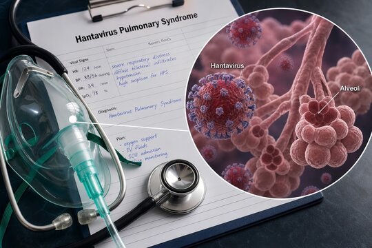 Medical concept image showing a chest x-ray of human lungs alongside a detailed illustration of hantavirus particles, representing hantavirus pulmonary syndrome and respiratory infection