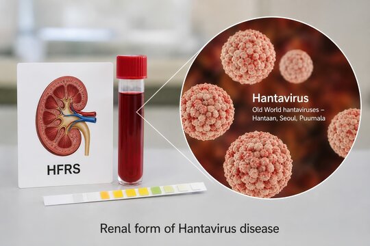 Kidney anatomy print with "hfrs" text, a simulated blood tube, urine test strip, and enlarged hantavirus virions, illustrating the renal form of hantavirus infection
