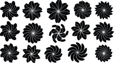 Black floral with white accents, 15 stylized flower on white background, flowers © hr graphics