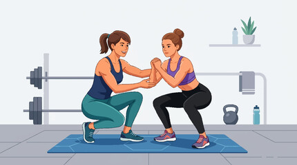Obraz premium A personal trainer assisting a woman with her squat form in a gym.