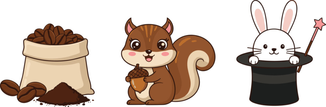Cute Vector Illustration Set Featuring Burlap Coffee Bean Sack, Adorable Brown Squirrel Holding Acorn, and White Magic Rabbit in Top Hat
