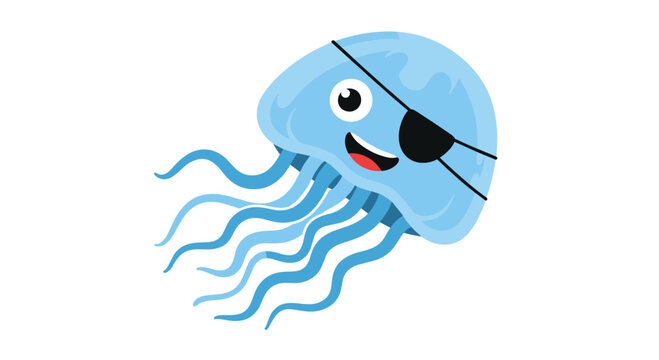 Adorable blue jellyfish character wearing a pirate eye patch floating in the water for fun sea life and aquatic illustrations.