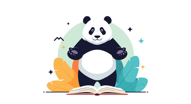 Friendly cartoon panda standing and holding open book with colorful autumn leaves and stars in background for school and learning concept.