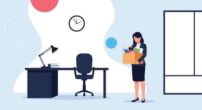 Resigned office worker carrying box of personal items away from empty desk and workspace after losing her job or deciding to quit career.