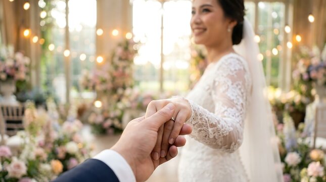 Man putting ring on bride's finger in elegant wedding ceremony with flowers.