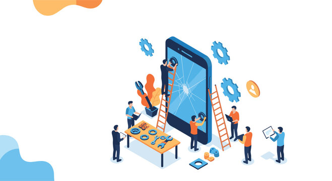 Team of small technical support workers using tools and ladders to repair giant smartphone with cracked screen in isometric technology concept.