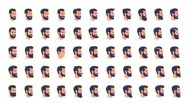 Large collection of male profile avatars shows a wide variety of hairstyles and beard styles for character design inspiration.