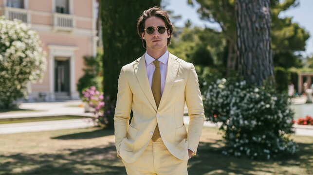Un hombre posando para una promoci&oacute;n de ropa de primavera en un de jard&iacute;n elegante