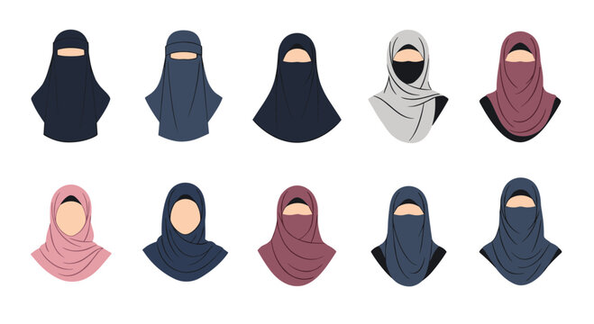 Collection of female figures showcasing various styles and colors of traditional muslim hijabs, niqabs, and headscarves for women.