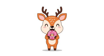 Obraz premium Adorable cartoon deer happily holding and eating a large pink glazed donut with white sprinkles on a white background.