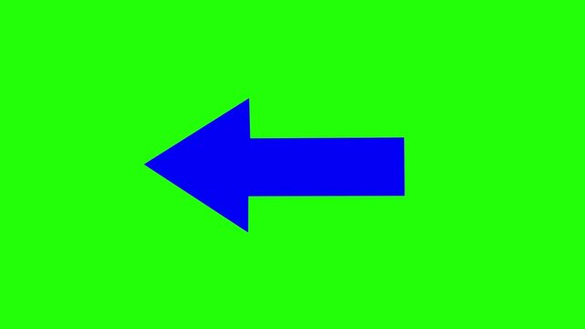 Vibrant blue left-pointing arrow isolated on a solid chroma key green screen background, for easy compositing, digital navigation, instructional, motion and ui
