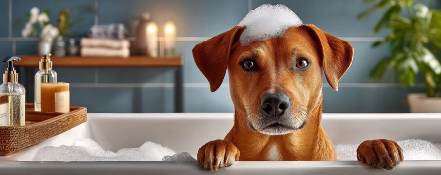 Brown dog sitting in a bathtub with soap foam on its head looking up during bath time
