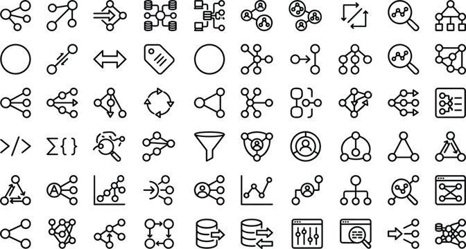 Network graph analysis outline icon collection with node connections data relationships and workflow symbols for app design