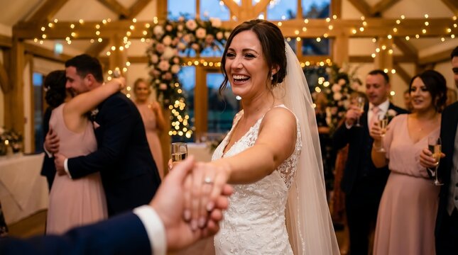 Bride dances with groom at elegant wedding reception with guests.