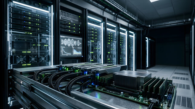 Rows of servers in a modern data center with glowing lights, server room