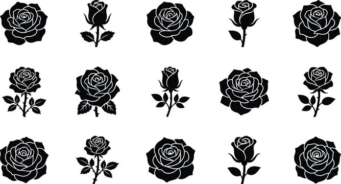 Black rose silhouettes, various styles on white background, roses floral