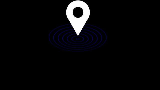 Minimalist animated map pin with pulsing radar signal waves on a solid black background, digital navigation, geolocation services, travel apps, and modern user interface projects