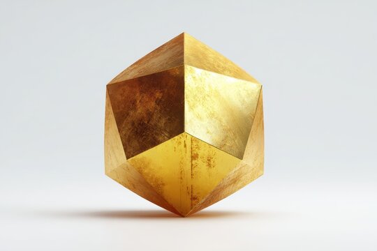 Sleek gold polyhedron with angular facets and visible scratches, conveying firmness on a pure white surface