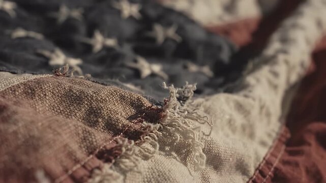 The worn texture of an aged national banner, showcasing frayed red, white, and blue fabric, evoking a profound sense of enduring legacy and 4th of July spirit