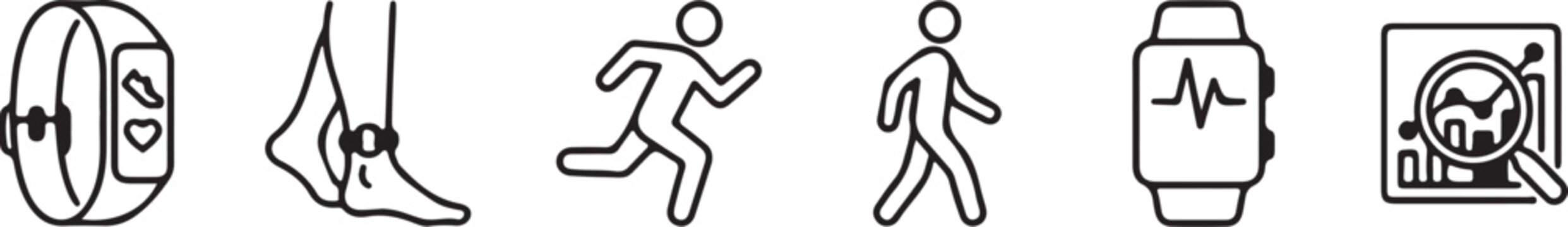 Black line icons of smartwatch and people running